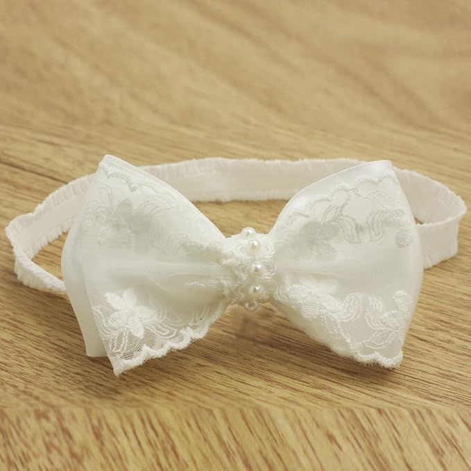 White Baby Bow Headband for Baptism Christening Satin Lace Hair Band with Cross for Toddler (Embroidery Lace +pearl white bow-3, 0-6 months)