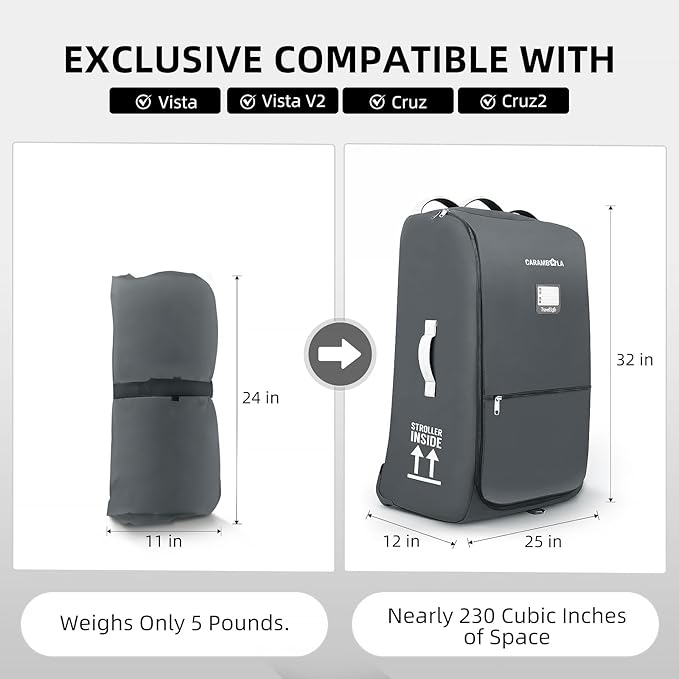 CARAMBOLA Stroller Bag for Airplane,Travel Bag - Compatible with UPPAbaby Vista/V1 V2 V3, Cruz/V1 V2 V3 |Rolling Wheel Bag with Storage Pocket, Waterproof, Rolling Wheels, Multiple Handles | Grey