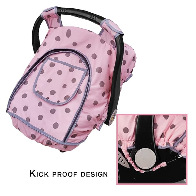 Carseat Cover Girls, Baby car seat Covers for Infant car seat, Baby Carrier Cover Canopy, Window in Door Zipper Open, 2 Layers, Pink dots;