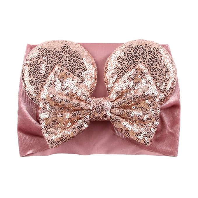 JIAHANG Baby Girl Mouse Ears Turban Headwrap with Gold Sequin Bows, Wide Velvet Hairband for Newborn, Toddler, and Kids - Party Supplies