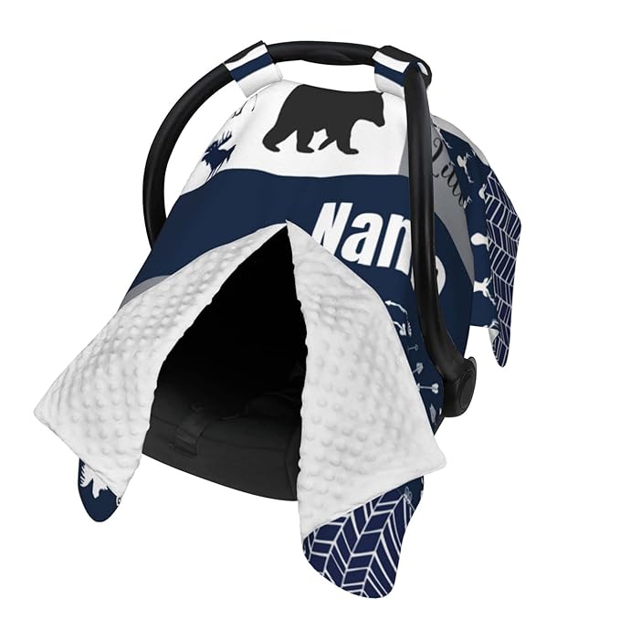Personalized Woodland Deer Blue Baby Car Seat Canopy for Babies with Name, Custom Adventure Car Seat Covers for Boys, Opening Minky Nursing Breastfeeding Cover Infant Carseat Canopies for Newborn