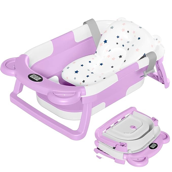 TPN Collapsible Baby Bathtub, Baby Bath Tub with Soft Cushion & Real-Time Thermometer, Baby Bathtub Infant to Toddler Tub (0-36 Months), Portable Newborn Travel Bath Tub