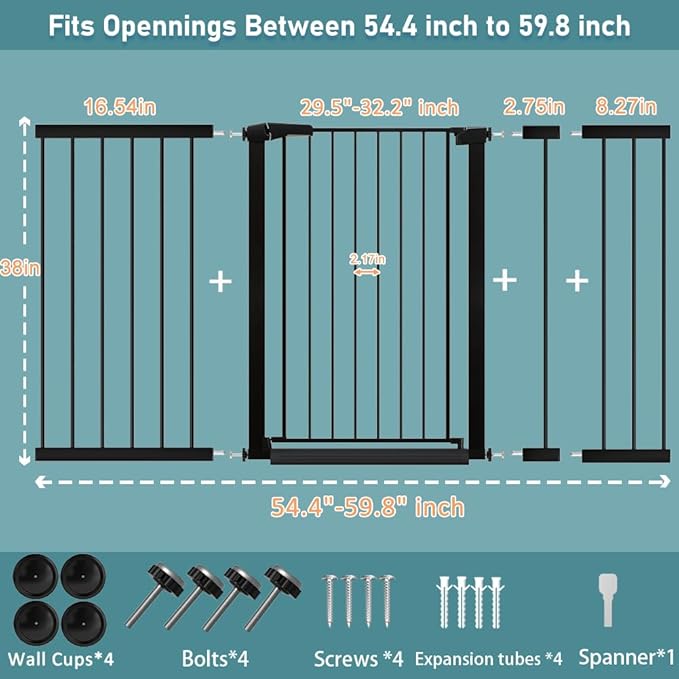 Fairy Baby 38" Extra Tall Pet Cat Gate, 54.4"-59.8" Extra Wide Long Dog Pet Gate Indoor, Safety Child Toddler Gate for Kids, Metal Auto Close Puppy Gate for House Stairs Doorway Walk Through, Black