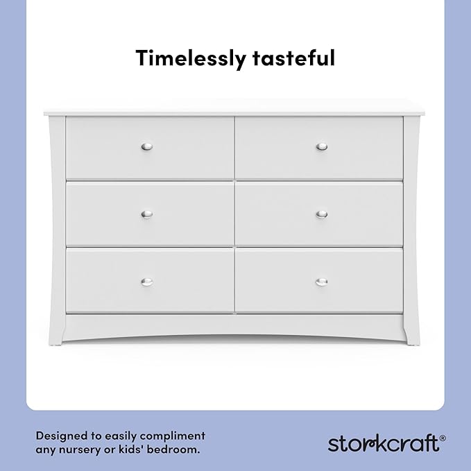 Storkcraft Crescent 6-Drawer Dresser (White) – GREENGUARD Gold Certified, White Dresser for Bedroom, Kids & Nursery Storage Chest, Safety Interlocking Drawers, Pre-Installed Tracks, Kids Chest