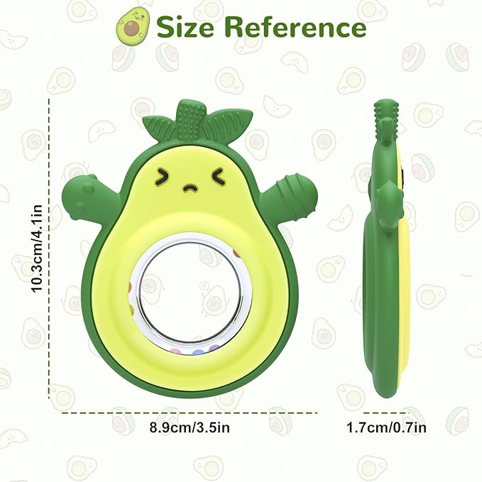 Teething Toy for Babies, Silicone Avocado Shape with Rattle Teether for Infants, Sensory Chew Toys Teething Relief for Boys and Girls, BPA Free