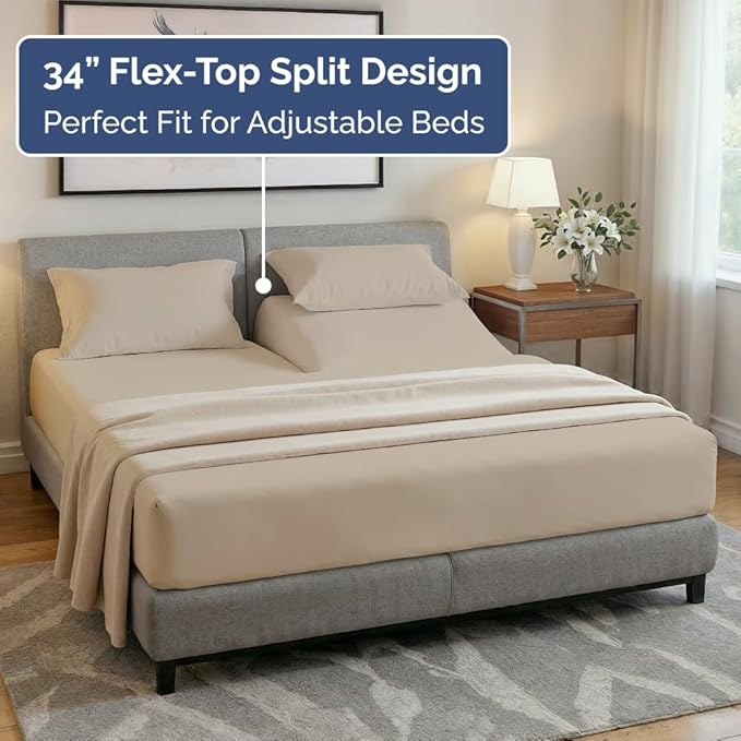 Flex Top Split Head King 4 Piece Sheet Set - Comfy Breathable & Cooling Bed Sheets Set - Hotel Luxury Bedding for Women, Men, Kids, Teens, Boys & Girls - Deep Pockets, Ultra-Soft - Oeko-Tex - Wheat