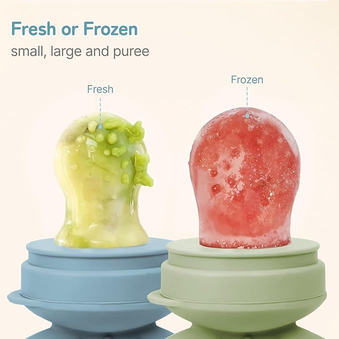 Baby Solids/Frozen Fruit Feeder Pacifier, Infant Teether Toy 4M+, BPA-Free Silicone Pouch & Nipple, Safely Introduce Solids, Teething Relief, 2-Pack - Blue/Green (Rabbit)