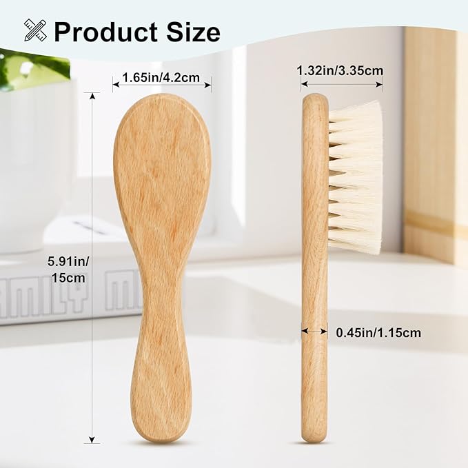 Baby Hair Brush and White Cradle Cap Brush Set for Newborns and Toddlers, Wooden Baby Hair Brush Set with Soft Goat Bristle, Baby Hair Care Kit (2PCS)