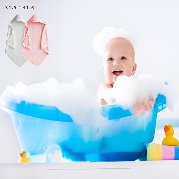 Baby Hooded Bath Towel 31.5"x31.5" Ultra Absorbent Soft Coral Fleece, for Newborn Infant Toddler Up to 3 Years, Unisex Bathrobe Blanket for Boys & Girls 2PCS(White Pink)