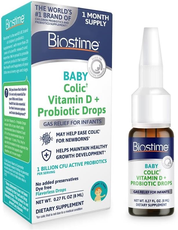 Biostime Baby Vitamin D & Colic Probiotic Drops for Newborns to 3 Years Old | 100% Daily Values Vitamin D for Bone & Immune Support – Eases Colic & Digestion| 32 Serving