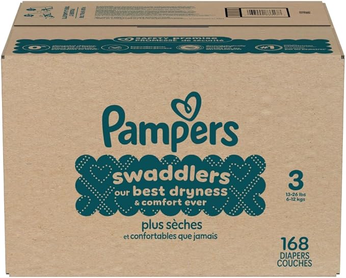 Pampers Swaddlers Diapers, Size 3 (13-26 lbs), 168 Count, Absorbent, Keeps Baby Dry and Comfortable, Skin Safe Disposable Baby Diaper