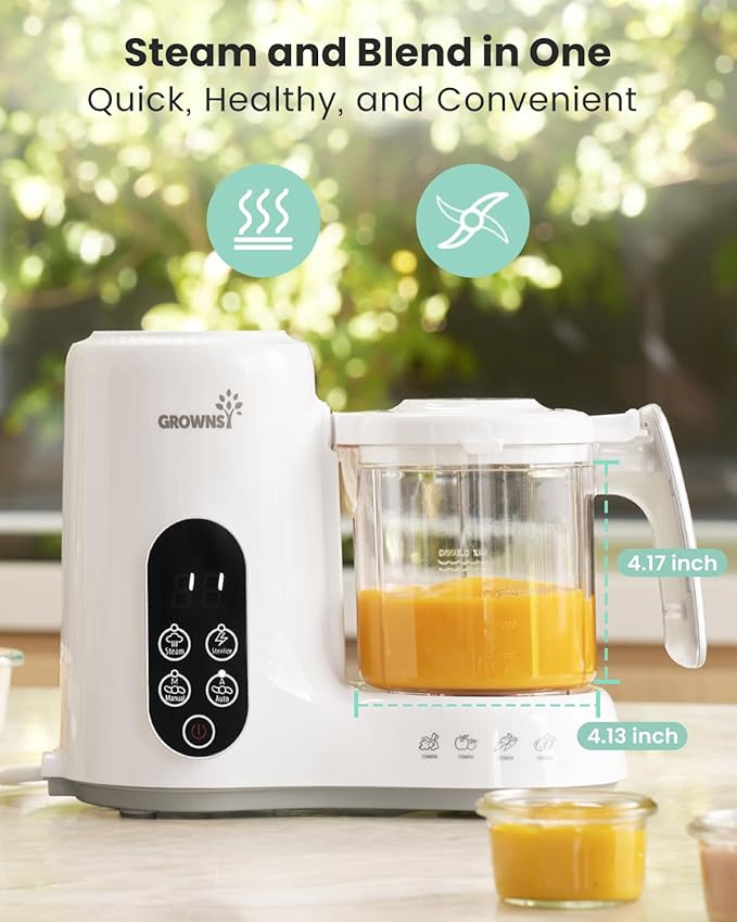 Grownsy Baby Food Maker with Steam Basket, One Step Baby Food Processor Steamer Puree Blender Grinder Mills Machine, Auto Cooking Grinding and Sterili-zing for Healthy Homemade Baby Food, BPA-Free