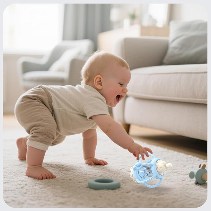 Teething Rattles for Babies 0-6 Months 6-12 Months, Silicone Rattle Teether with Pacifier, Baby Montessori Toys 6-18 Months, Infant & Toddler Molar Teething Relief, Boys Girls Essential Gifts (Blue)