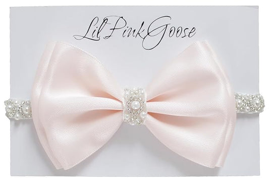 0-12 Newborn Baby Baptism Pearl Headband or Clip with Bow in WHITE Christening Headband with Satin Bow, Pearl Rhinestone Band (Light Pink(1 Year&up), 1 Count (Pack of 1))