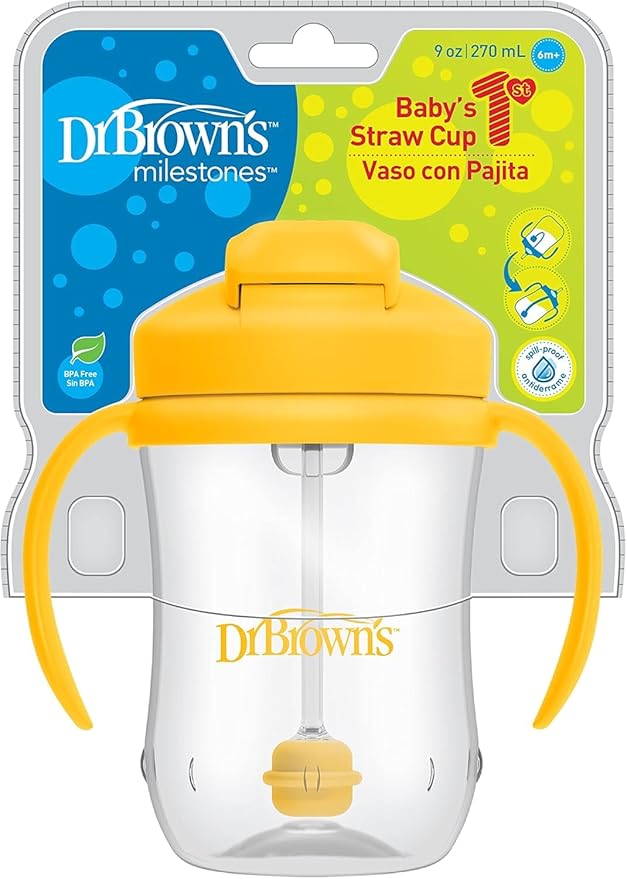 Dr. Brown's Milestones Baby's First Straw Cup, Training Cup with Weighted Straw, 9oz/270mL, Vintage Yellow, BPA Free, 6m+