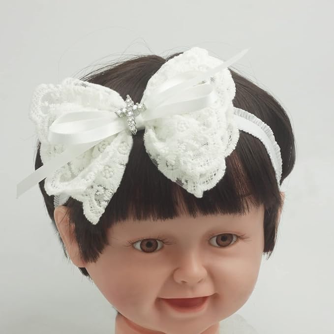 White Baby Bow Headband for Baptism Christening Satin Lace Hair Band with Cross for Toddler (Embroidery Lace white bow-6, 0-6 months)