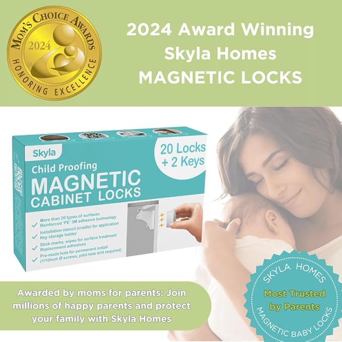 Skyla Homes Magnetic Cabinet Locks Baby Proofing Child Safety - The Safest Quickest and Easiest Multi-Purpose 3M Adhesive Child Proof Latches, No Screws or Tools Needed (12 Pack)