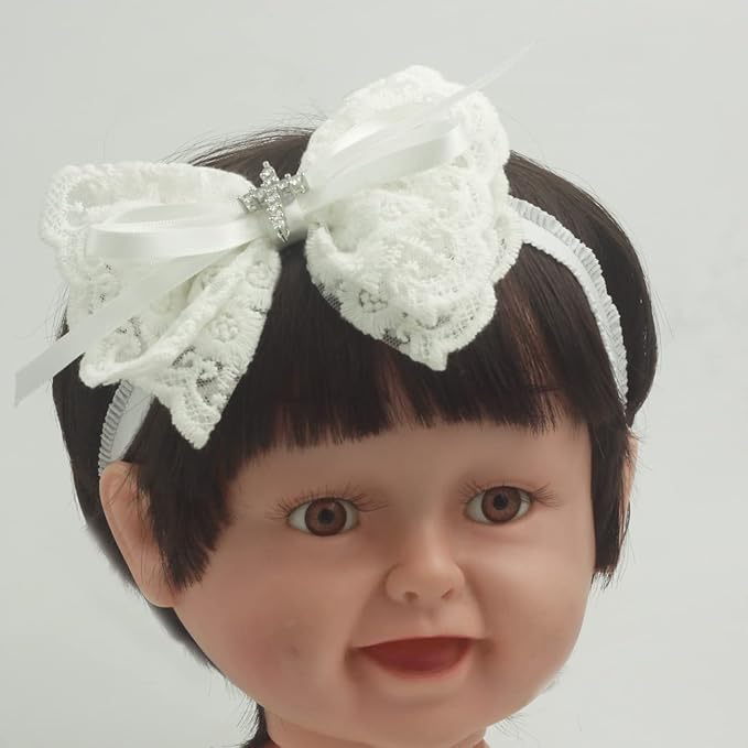 White Baby Bow Headband for Baptism Christening Satin Lace Hair Band with Cross for Toddler (Embroidery Lace white bow-6, 0-6 months)