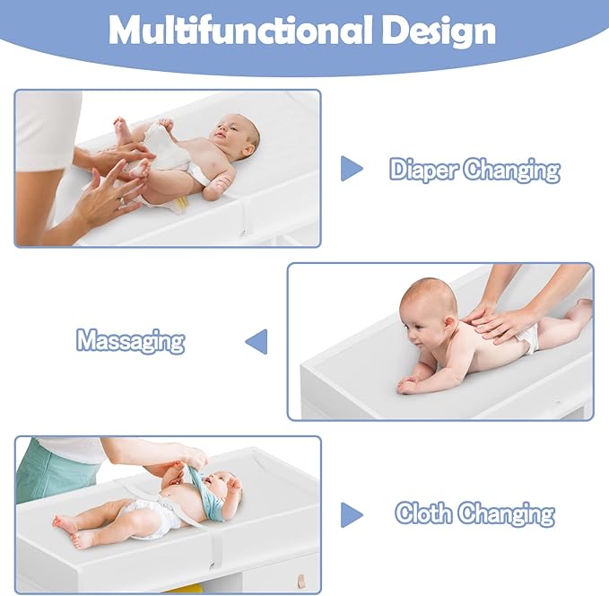 Baby Dresser Changing Table, Modern Nursery Dresser with Drawers, Storage Shelves, Diaper Changing Station for Nursery Room,Bedroom,Kids Room (White)