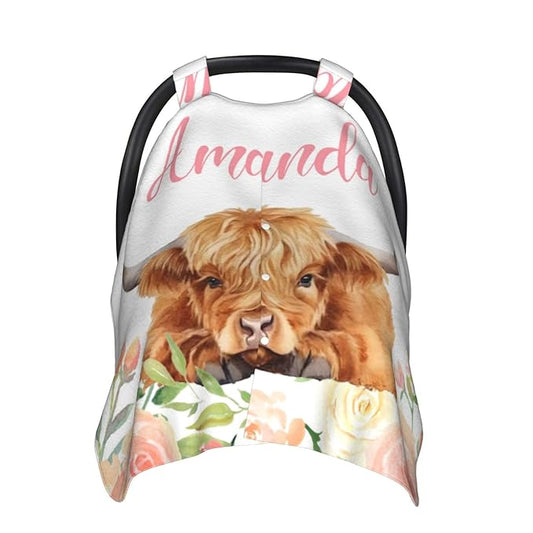 Personalized Baby Car Seat Canopy for Babies with Name, Custom High Land Cow Stroller Car Seat Covers for Girls, Minky Nursing Carseat Cover for Breastfeeding, Car Seat Canopies for Newborn