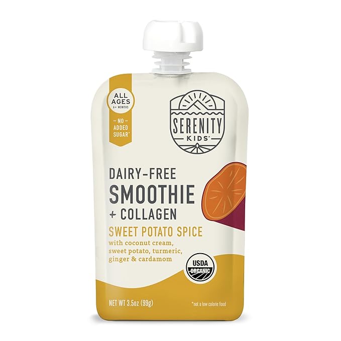 Serenity Kids 6+ Months Dairy-Free Smoothie Baby Food | USDA Organic | Grass Fed Collagen Protein | 3.5 Ounce BPA-Free Pouch | Sweet Potato Spice | 1 Count