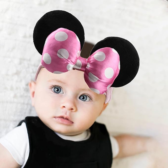 JIAHANG 3D Baby Girl Mouse Ears Turban Headwrap with Satin Polka Dot Bow, Wide Velvet Hairband, Hair Bow Headband for Infant Toddlers