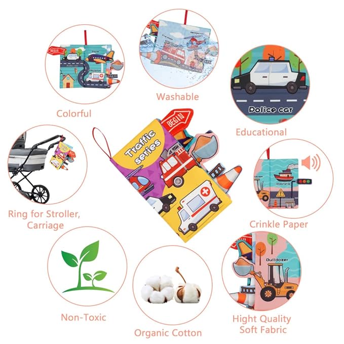 Vicloon Baby Books - 2PCS Touch & Feel Books, 6-12 Months, Transport & Space Theme, Crinkle Cloth & Soft Tummy Time Toys for Newborns