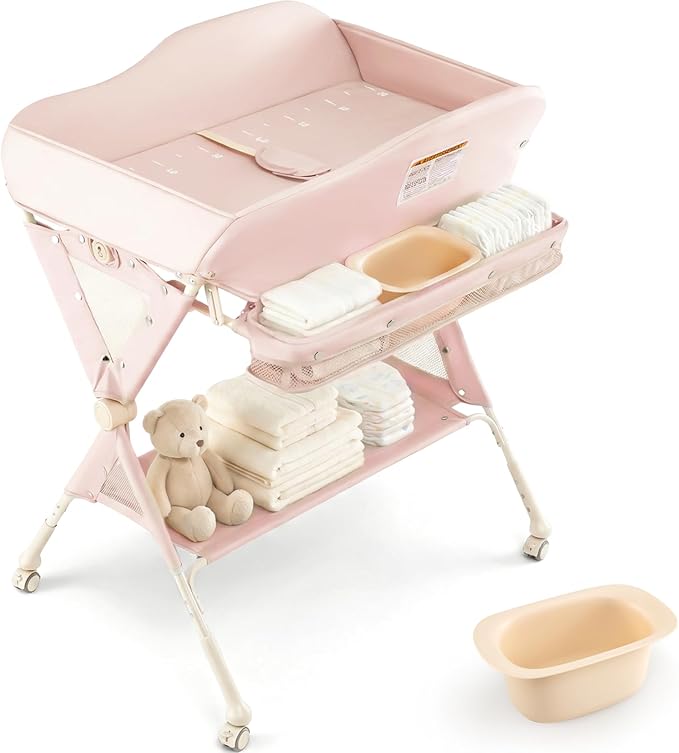 INFANS Baby Changing Table with Wheels, Portable Folding Diaper Station Nursery Organizer with Storage Basket, Hanging Rack, Adjustable Height, Safety Belt for Newborn Infant (Light Pink)