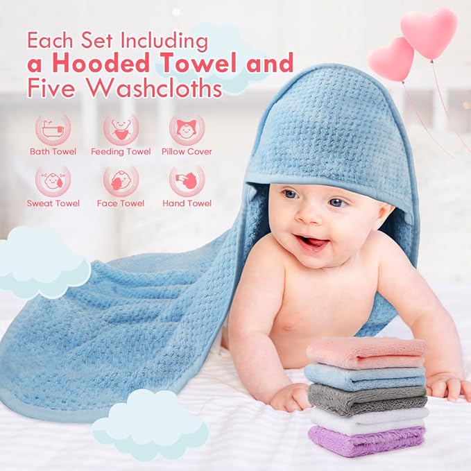 Orighty Baby Hooded Towel with Five Washcloths, 28 x 28 Inch Super Soft Bath Towel with Hood for Babies, Infant, Newborn Essential - Ideal Baby Stuff Registry for Boys and Girls (Blue) (Pack of 2)
