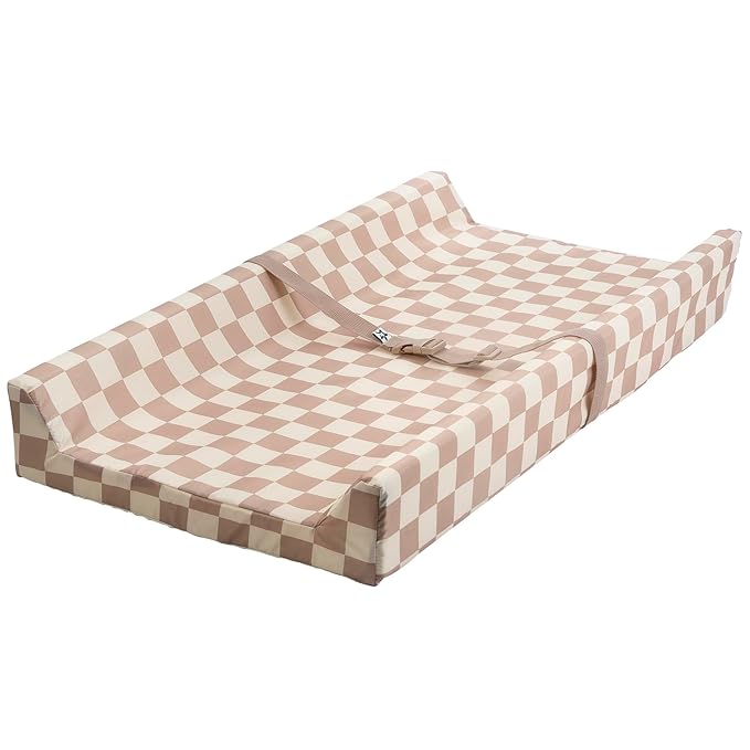 Tiny Twinkle Diaper Changing Pad for Dresser & Nursery Table – Waterproof, Wipeable & Mess-Proof Baby Changing Pad with Safety Strap, Non-Slip Base & Removable Washable Cover(Beige Checkers)