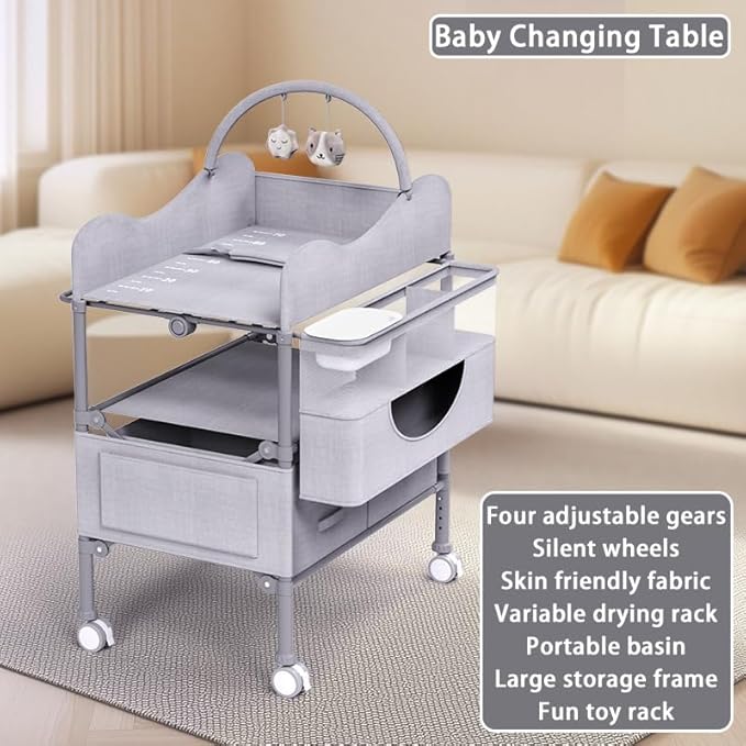 Baby Changing Table, Versatile Foldable Changing Table, Waterproof Diaper Changing Station, Adjustable Height with 2 Drawers,Baby Changing Station, Mobile Nursery for Infant and Newborn