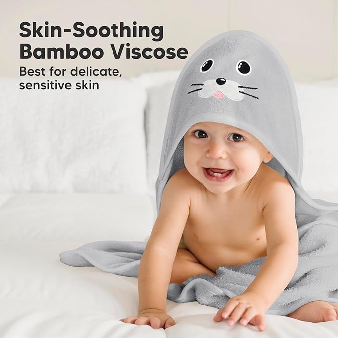 KeaBabies Hooded Baby Towel for Newborn - Viscose Derived from Bamboo Large Baby Bath Towels with Hood for Boys, Girls, Toddler, Extra Absorbent & Soft Newborn Bath Essentials (Seal, Regular)