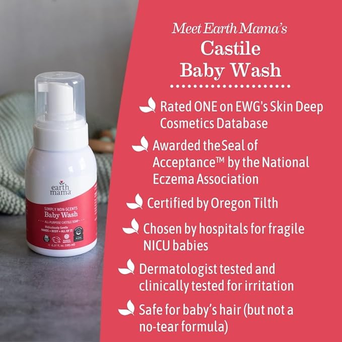 Earth Mama Simply Non-Scents Baby Wash Foaming Hand Soap Refill, Organic All-Purpose Body Wash for Sensitive Skin, Castile Soap with Coconut Oil, Shea Butter, Calendula, & Aloe, 5.3floz 2-Pk