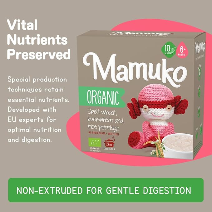 MAMUKO Organic Porridge - Healthy Porridge Blend of Spelt, Buckwheat & Rice - High Fiber Porridge with No Added Sugar, Milk & Preservatives - Organic Porridge Ideal for Toddlers - 2 Pack (10 Servings)
