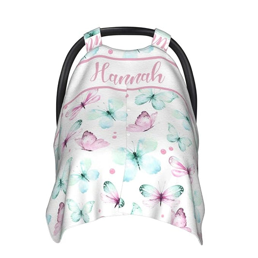 Custom Baby Car Seat Canopy for Babies with Name, Personalized Stroller Car Seat Covers for Girls, Butterfly Minky Nursing Carseat Cover for Breastfeeding, Car Seat Canopies for Newborn