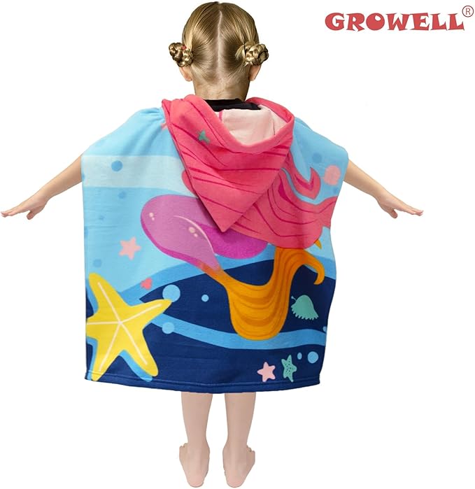 Hooded Kids Beach Towels - Toddler Bath Towel Girls Boys Swim Cover-ups for Ages 1 to 6 Kids Pool Towels Quick Dry Lightweight Soft Microfiber Poncho Towel 24x24 (Mermaid Starfish)