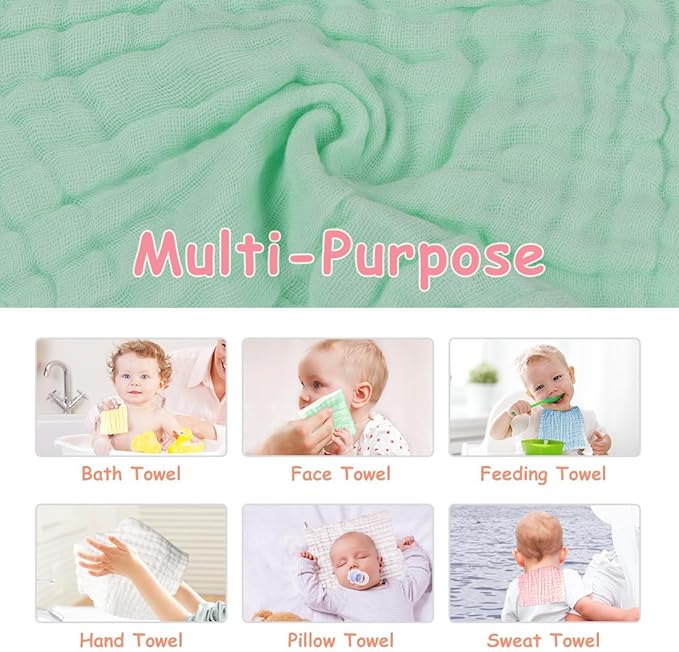 AIDEA Baby Washcloths and Burp Cloths, Absorbent Cotton Muslin Baby Towels, Large Soft Breathable Newborn Essentials for Boys and Girls, Newborn Essentials, 10 Pack, 10"x10"