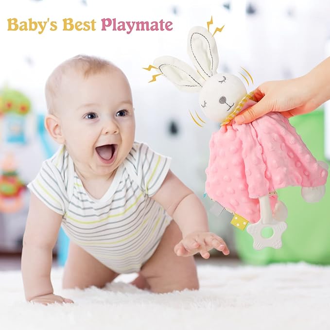 Zooawa Loveys for Babies, Security Blanket Soft Stuffed Animal Bunny Lovey Unisex Lovie Baby Stuff Snuggle Blanket with Tags Teether Bells, Soothing Plush Toys Baby Gift for Newborn, Pink Rabbit