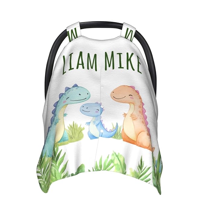 Personalized Baby Car Seat Canopy for Babies, Custom Name Baby Car Seats Cover for Boys Girls, Dinosaur Opening Minky Nursing Breastfeeding Covers for Infant, Carseat Canopies for Newborn