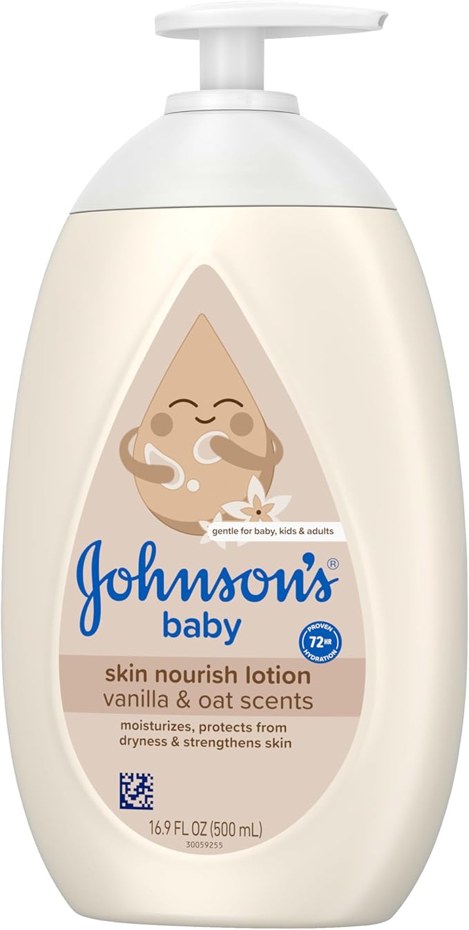 Johnson's Skin Nourishing Baby Lotion, Vanilla & Oat Scents, Hypoallergenic Baby Body Lotion for 72 Hour Hydration Until Baby's Next Bath Moisturizes & Protects from Dryness, 16.9 fl. oz