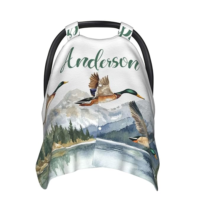 Personalized Baby Car Seat Canopy for Babies, Custom Name Baby Car Seats Cover for Boys Girls, Mallard Duck Opening Minky Nursing Breastfeeding Covers for Infant, Carseat Canopies for Newborn