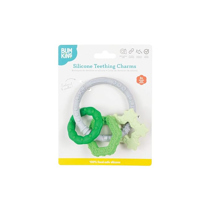Bumkins Baby Teething Freezer Toy Keys Rings, Soft Flexible Pacifier to Chew, Cool Teether Gum Relief, Babies 3 Months, Freezable Platinum Silicone, Sensory Bracelet with Charms, Green and Gray
