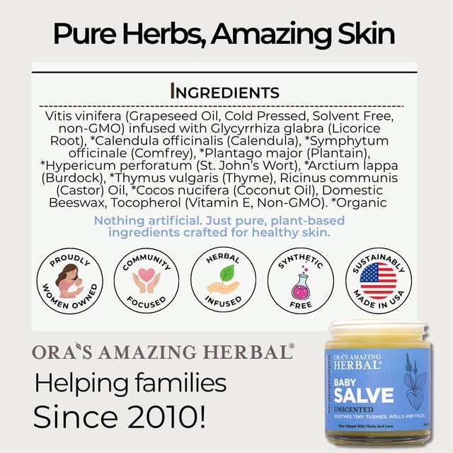 Baby Salve, Diaper Balm Ointment with Organic Coconut Oil, Natural Baby Cream with Calendula, 1 oz Travel Size, Ora's Amazing Herbal