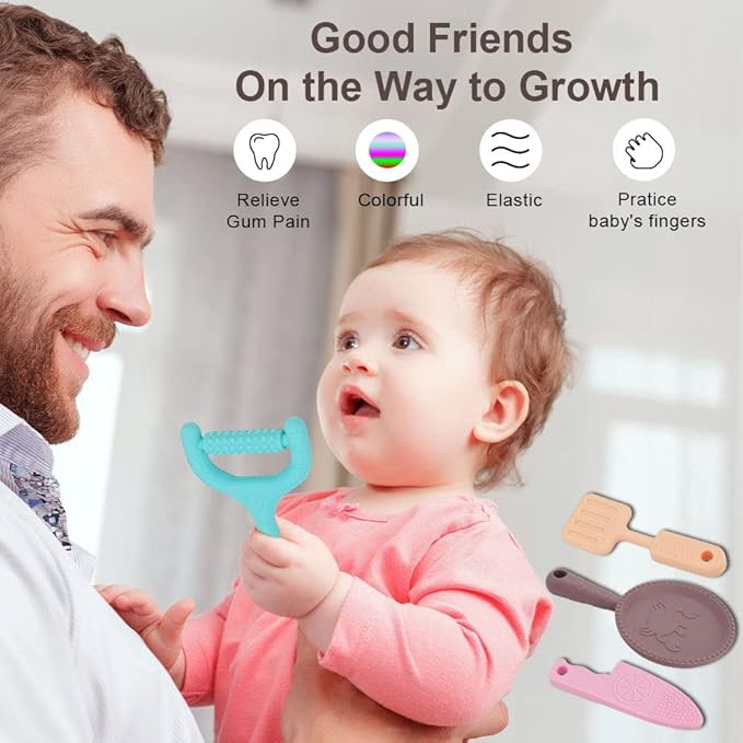0-BPA Silicone Culinary Kitchen Utensil Baby Teething Toys,Chef Cooking Role Playing Games Training for Baby Girls Boys,Molar Chewing Freezer teether Toys for 6-12 Months Infants,Kids,4 Pack