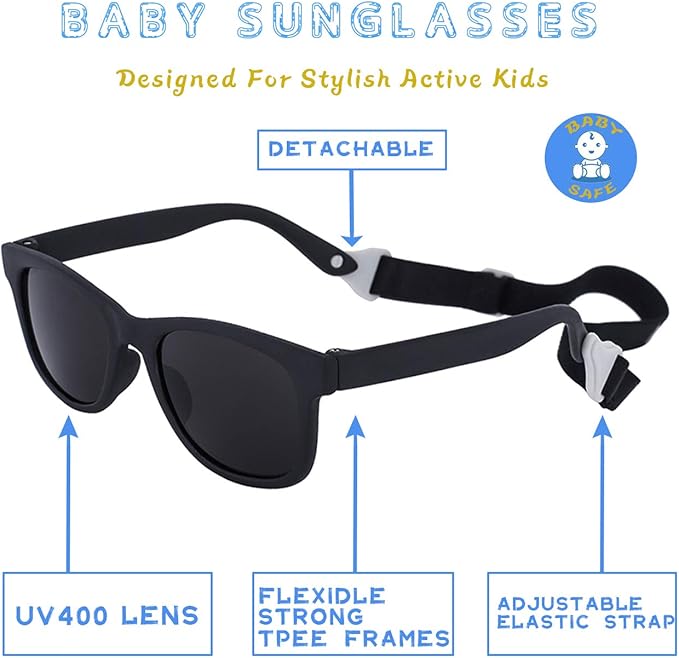 MAXJULI Baby Infant Sunglasses Safe, Soft, With Adjustable Strap 0-24 Months BPA Free 7002