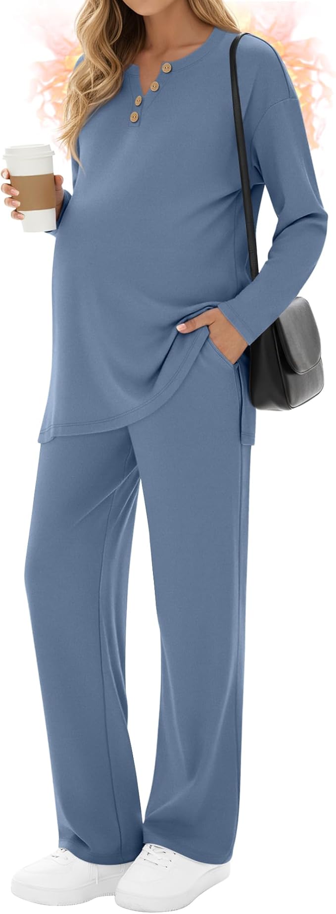 2 Piece Thermal Maternity Lounge Set Postpartum Pregnancy Fleece Loungewear Long Sleeve Top and Wide Leg Pant