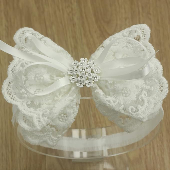 White Baby Bow Headband for Baptism Christening Satin Lace Hair Band with Cross for Toddler (Embroidery Lace white bow with pearl-5, 6 months-2 years old)