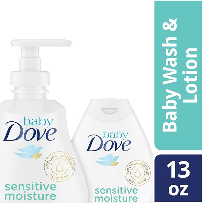 Dove Baby Sensitive Skin Care Bundle – Hypoallergenic Wash & Baby Lotion, Fragrance Free Moisture, Baby Gift Set, 13 Oz Ea (2 Piece Set)
