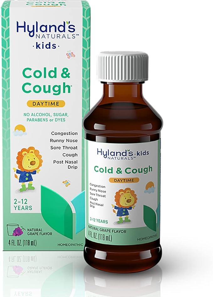 Hyland's Kids Cold and Cough, Daytime Grape Flavor Cough Syrup Medicine for Kids Ages 2 and up, Decongestant, Sore Throat Relief, Natural Treatment for Common Cold Symptoms, 4 Fl Oz (Pack of 2)