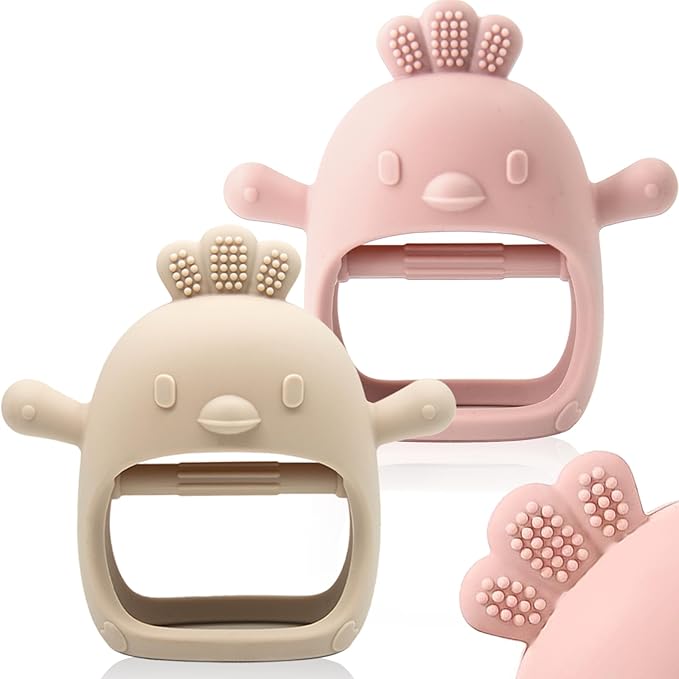 2 Pack Baby Teething Toy Silicone Teething Mitten for Babies Over 3 Months Anti Dropping Wrist Hand Teethers Baby Chew Toys for Sucking Needs, BPA Free (Pink & Caramel)